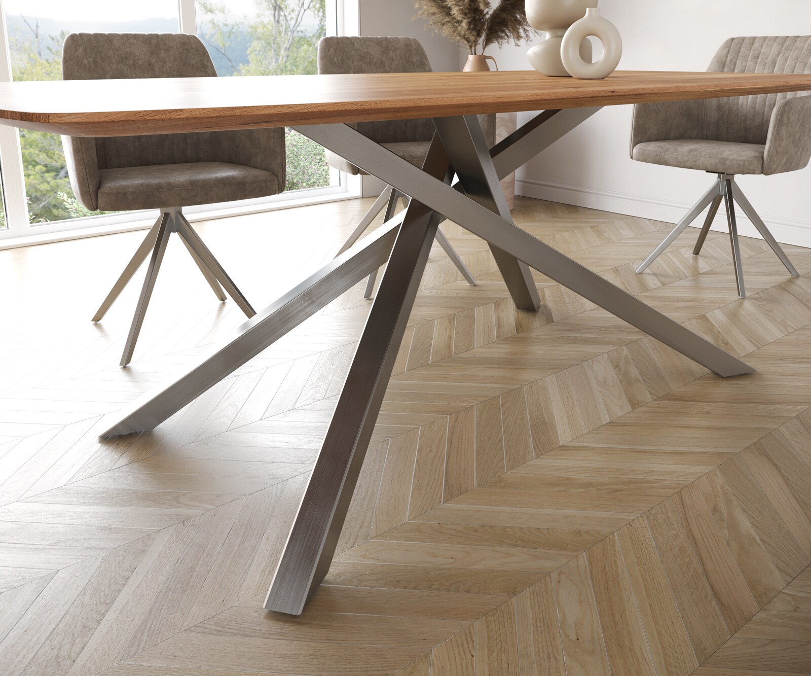 Table à manger Edge Boot 200x100 acacia nature cadre croisé rectangle acier inoxydable bord suisse 6