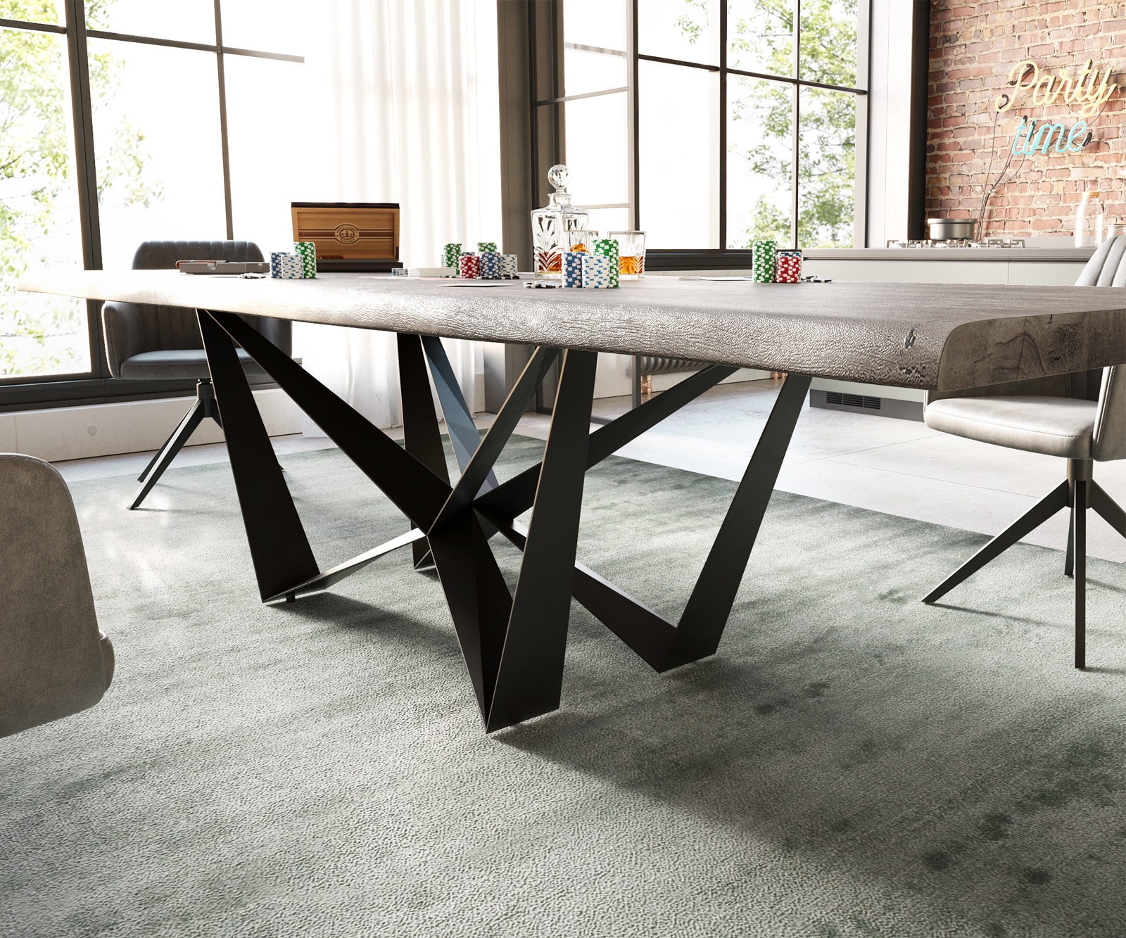 Table à manger Edge 300x100 XL acacia platine Spider acier plat noir Live-Edge 4 Table à manger Edge 300x100 XL acacia platine Spider acier plat noir Live-Edge 4