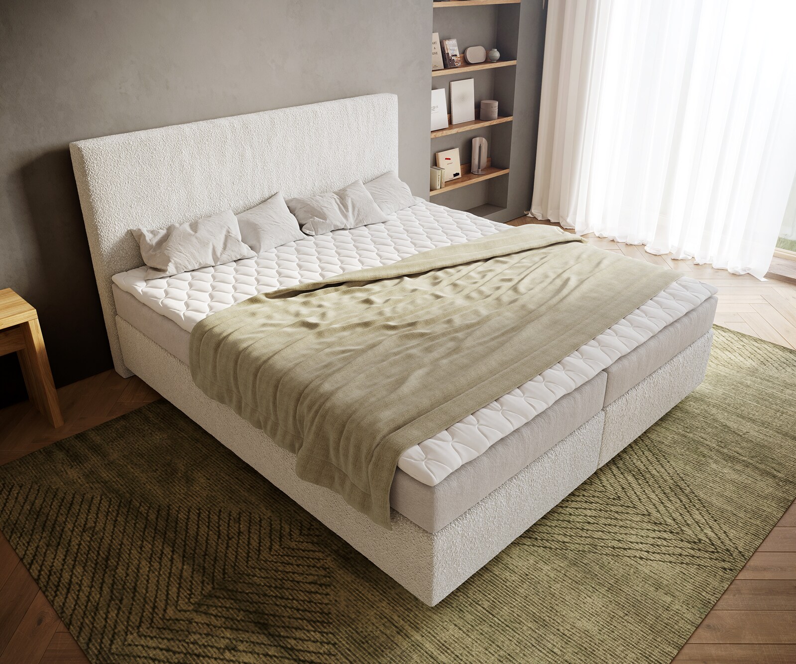 Lit à sommier tapissier Dream-Well 180x200 cm Bouclé Crème-Blanc avec matelas et surmatelas 3