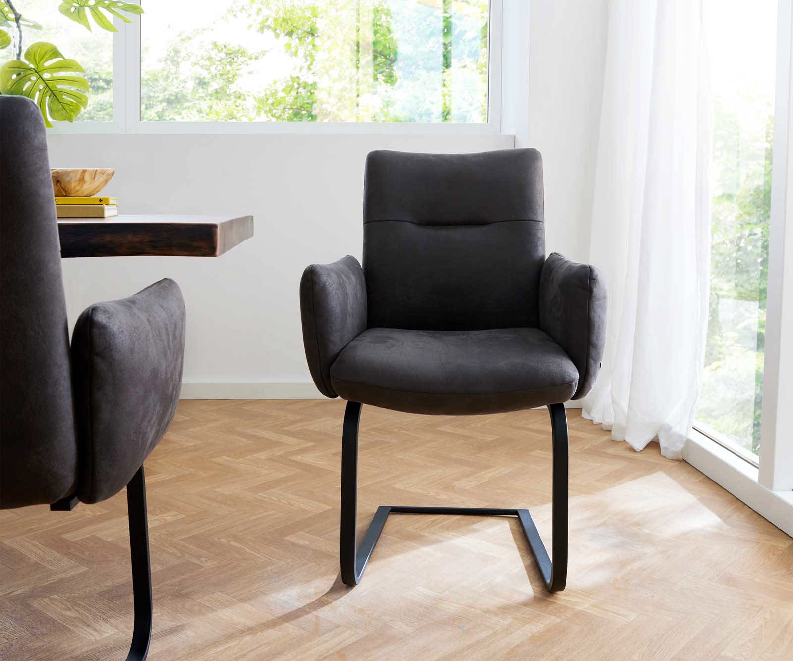 Freischwinger Jova-Flex mit Armlehnen Mikrofaser Anthrazit Vintage Freischwinger flach Schwarz Taschenfederkern 1