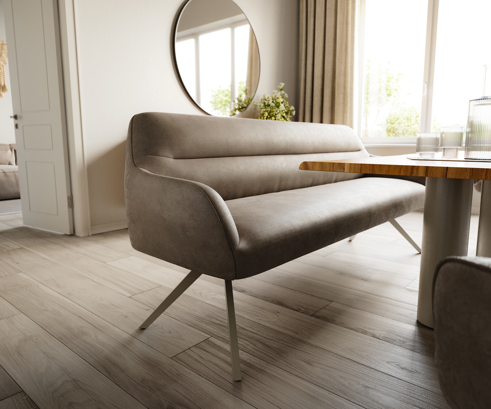 Banc-de-salle-à-manger Taya-Flex 200 cm microfibre taupe vintage pied croisé angulaire titane ressort ensaché 4