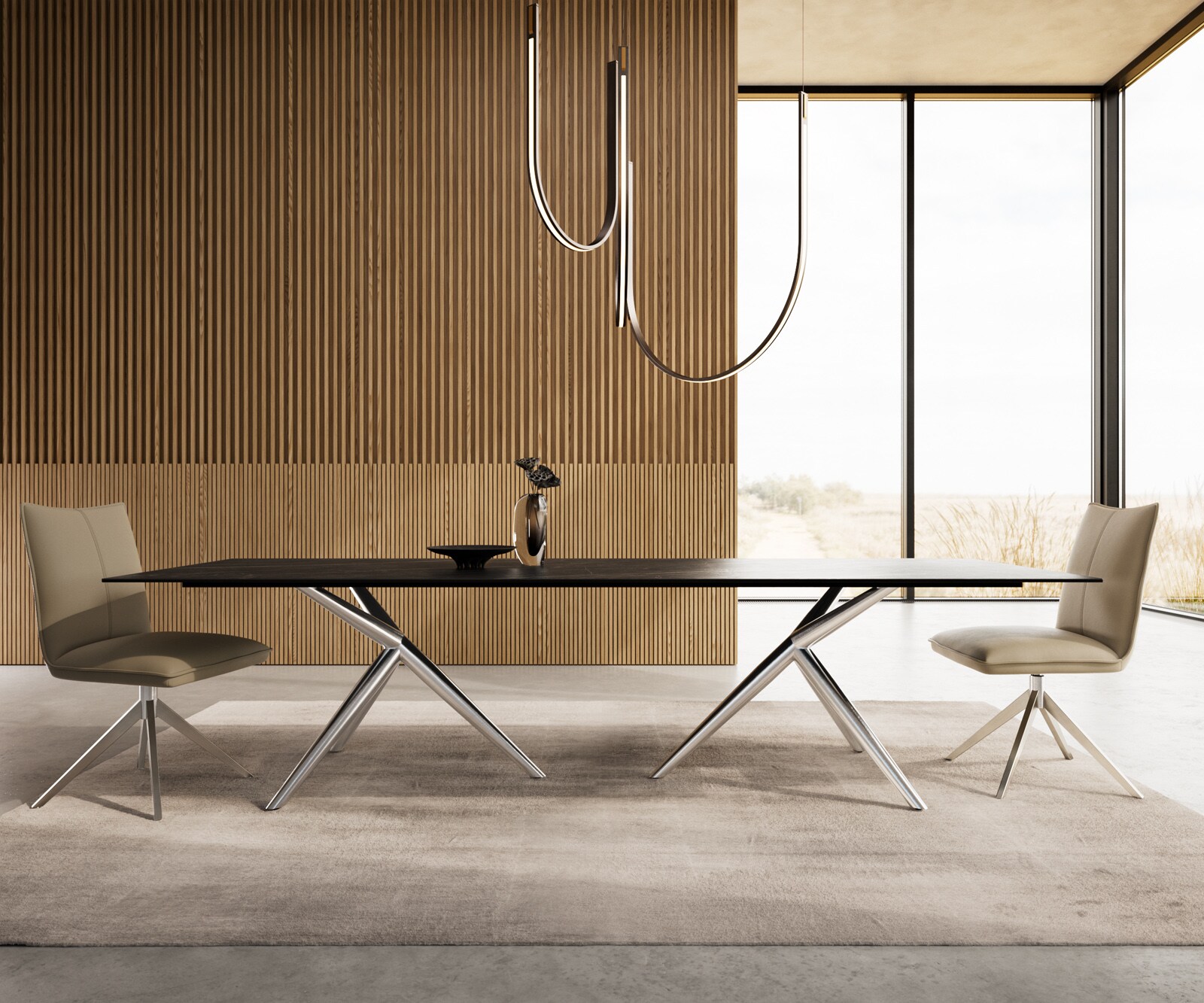 Esstisch Edge 300x100 Keramik Laminam®Noir Desir Braun Estelar rund Edelstahl 1
