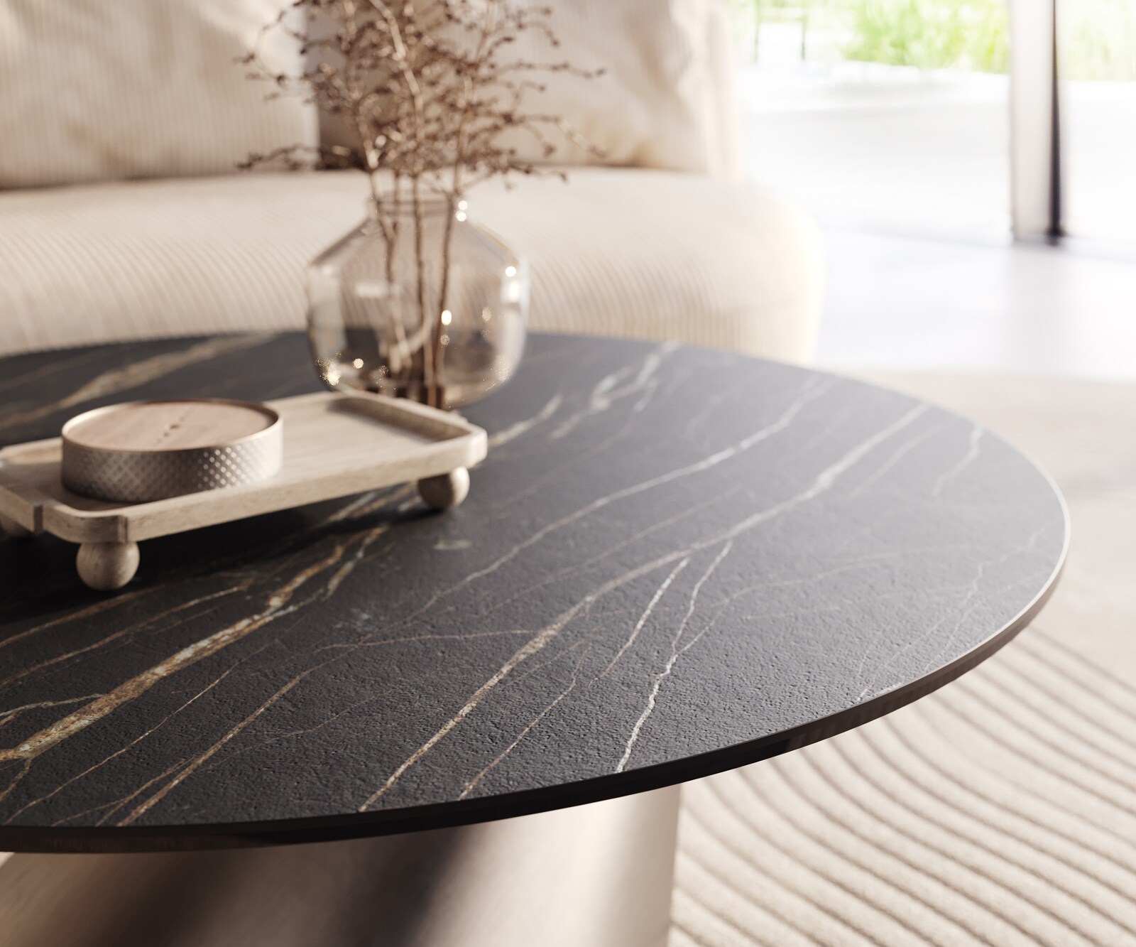 Table basse Edge rond 100x100 cm céramique Laminam® Noir Desir brun Conis acier inoxydable brossé 3