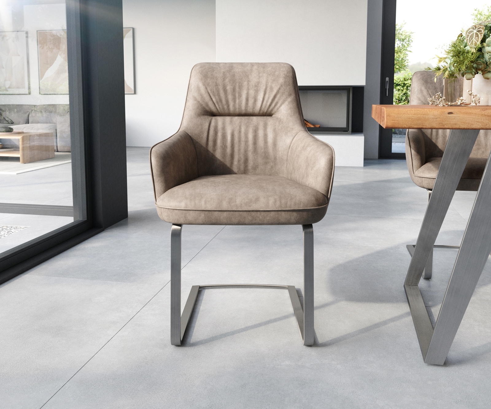 Freischwinger Zelia-Flex mit Armlehnen Mikrofaser Taupe Vintage Freischwinger flach Edelstahl Taschenfederkern 1 Freischwinger Zelia-Flex mit Armlehnen Mikrofaser Taupe Vintage Freischwinger flach Edelstahl Taschenfederkern 1