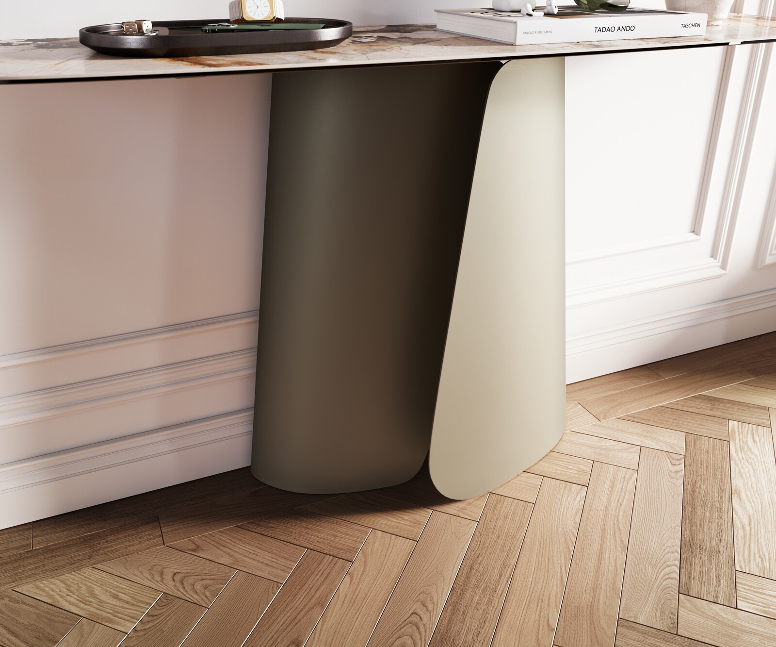 Console Edge forme bateau 140x40 cm Céramique Patagonia Poliert Livos Métal Effektfinish Titan 6