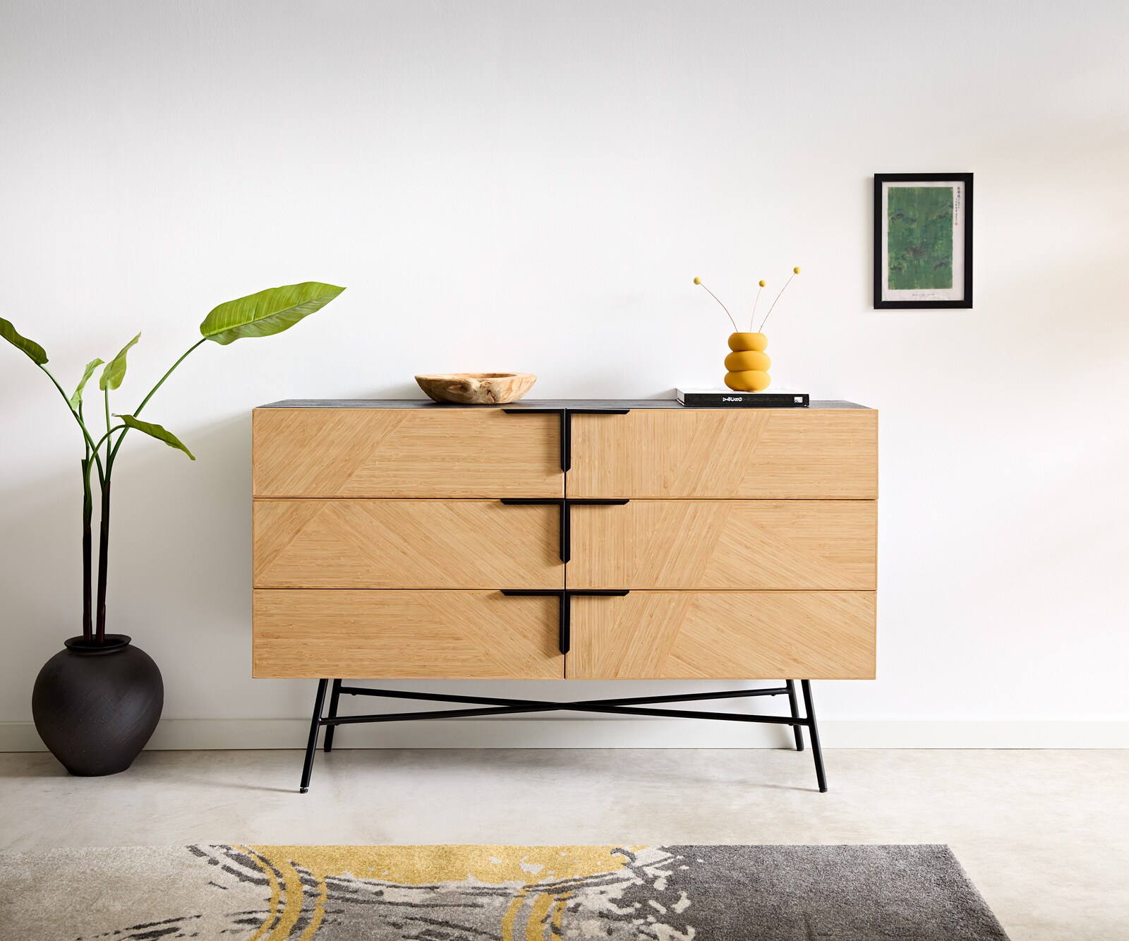 Sideboard Mikkusu 140 cm Bambus Natur Mango Schwarz 6 Schubladen Metall Schwarz 2