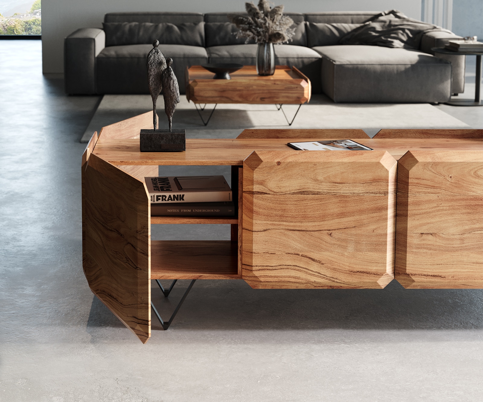 Lowboard Kiano 200 cm Akazie Natur 4 Türen V-Fuß Schwarz Raumteiler 4 Lowboard Kiano 200 cm Akazie Natur 4 Türen V-Fuß Schwarz Raumteiler 4