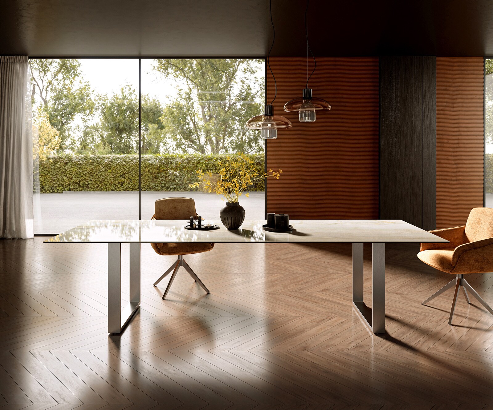 Table à manger Edge 300x100 Céramique Laminam® Onice Oro Acier inoxydable Étroit 1