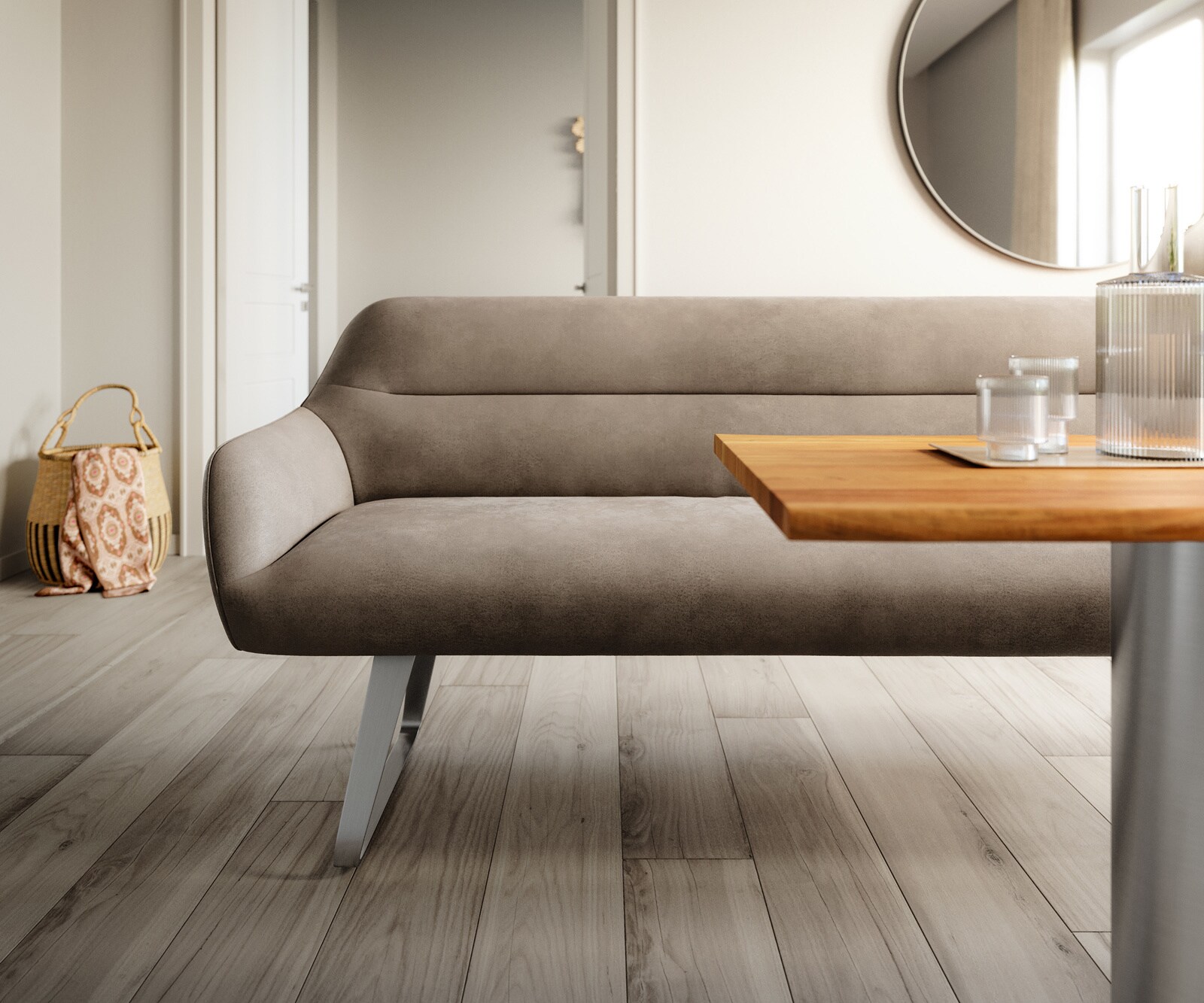 Banc-de-salle-à-manger Taya-Flex 200 cm microfibre taupe vintage châssis à patins plat acier inoxydable ressort ensaché 1