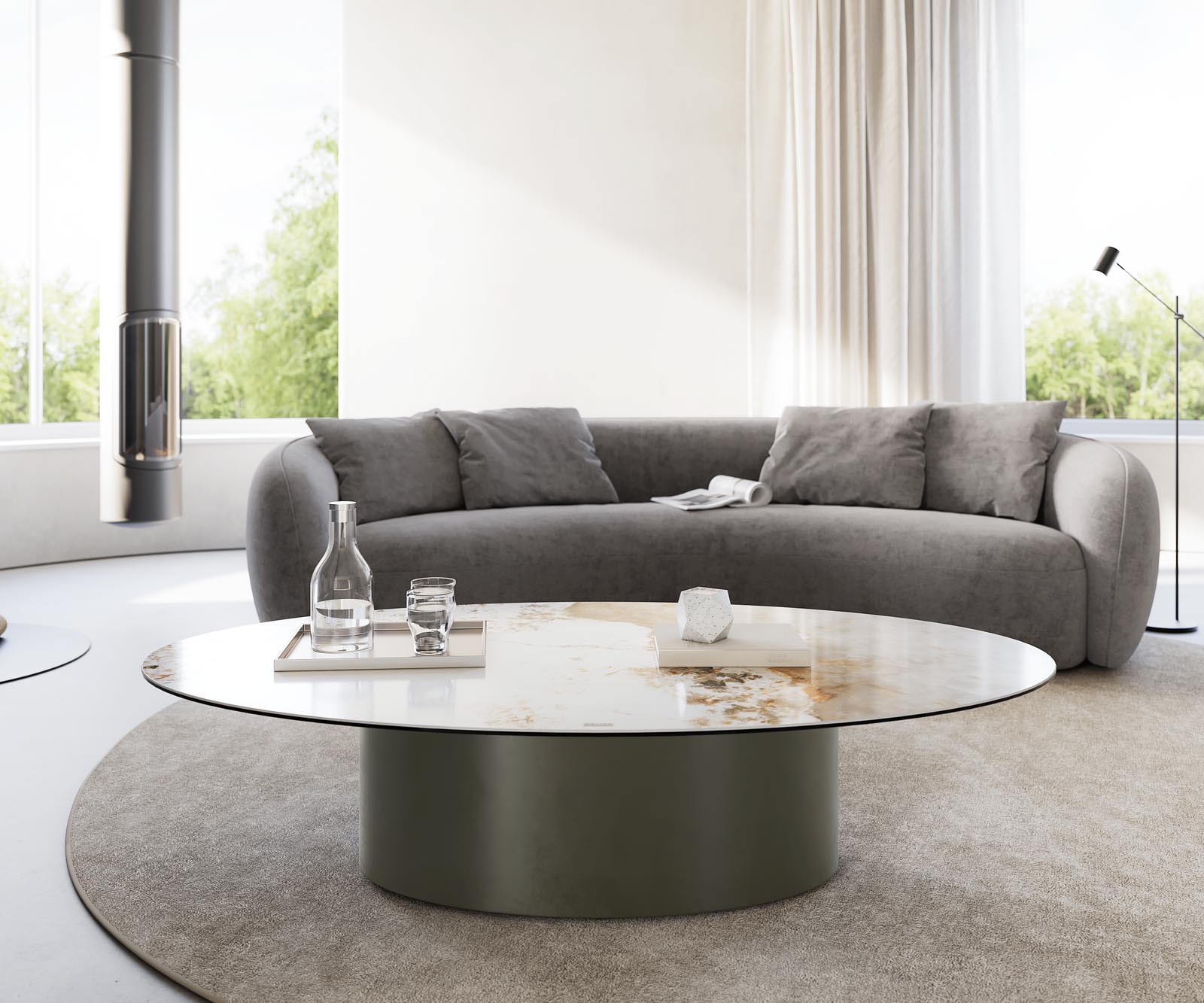 Table-basse Casilda 150x90 cm céramique Minas Melange blanc-beige pied central Finition à effet titane 2