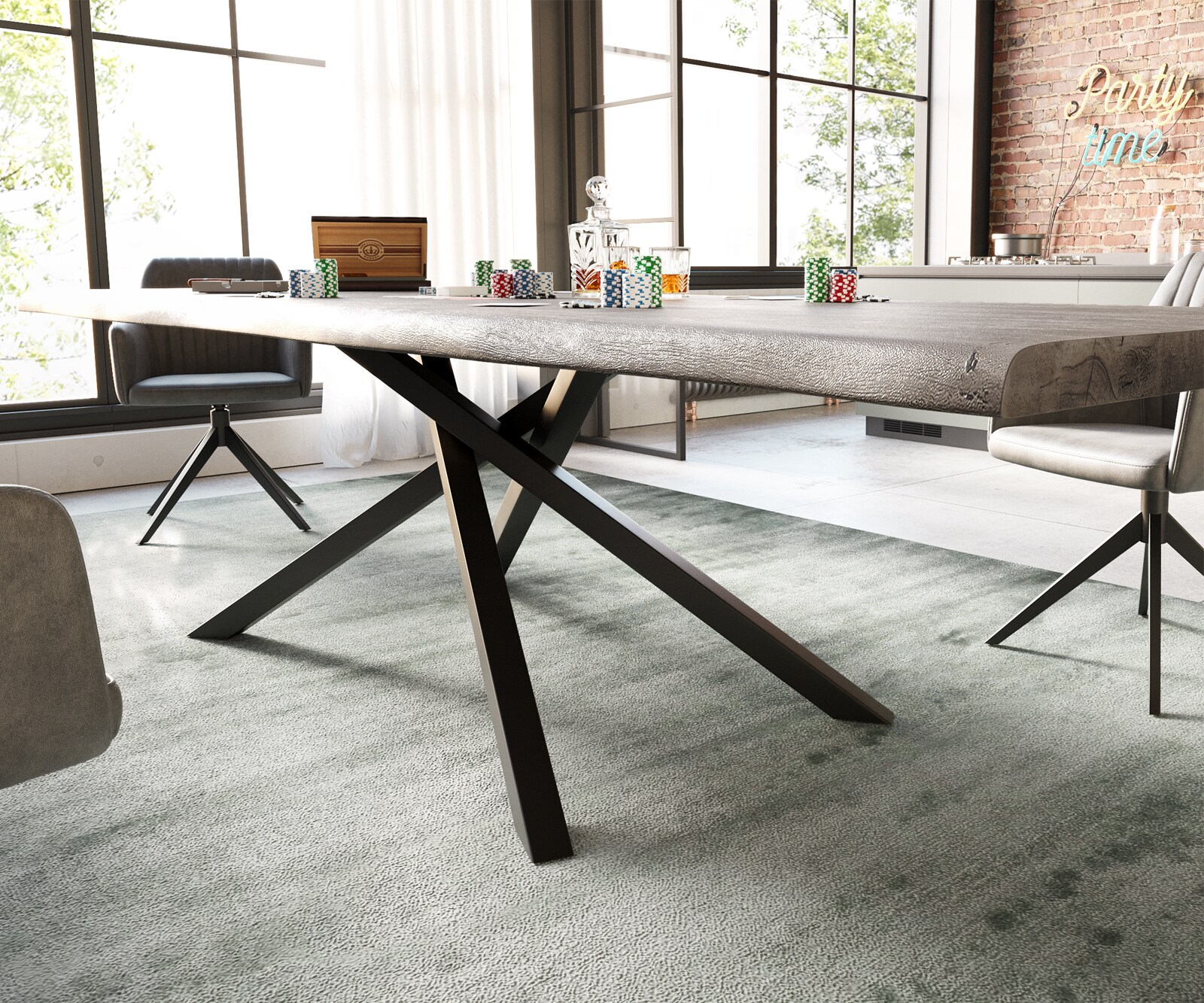 Esstisch Edge 300x100 XL Akazie Platin Kreuzgestell Rechteck Schwarz Live-Edge 4