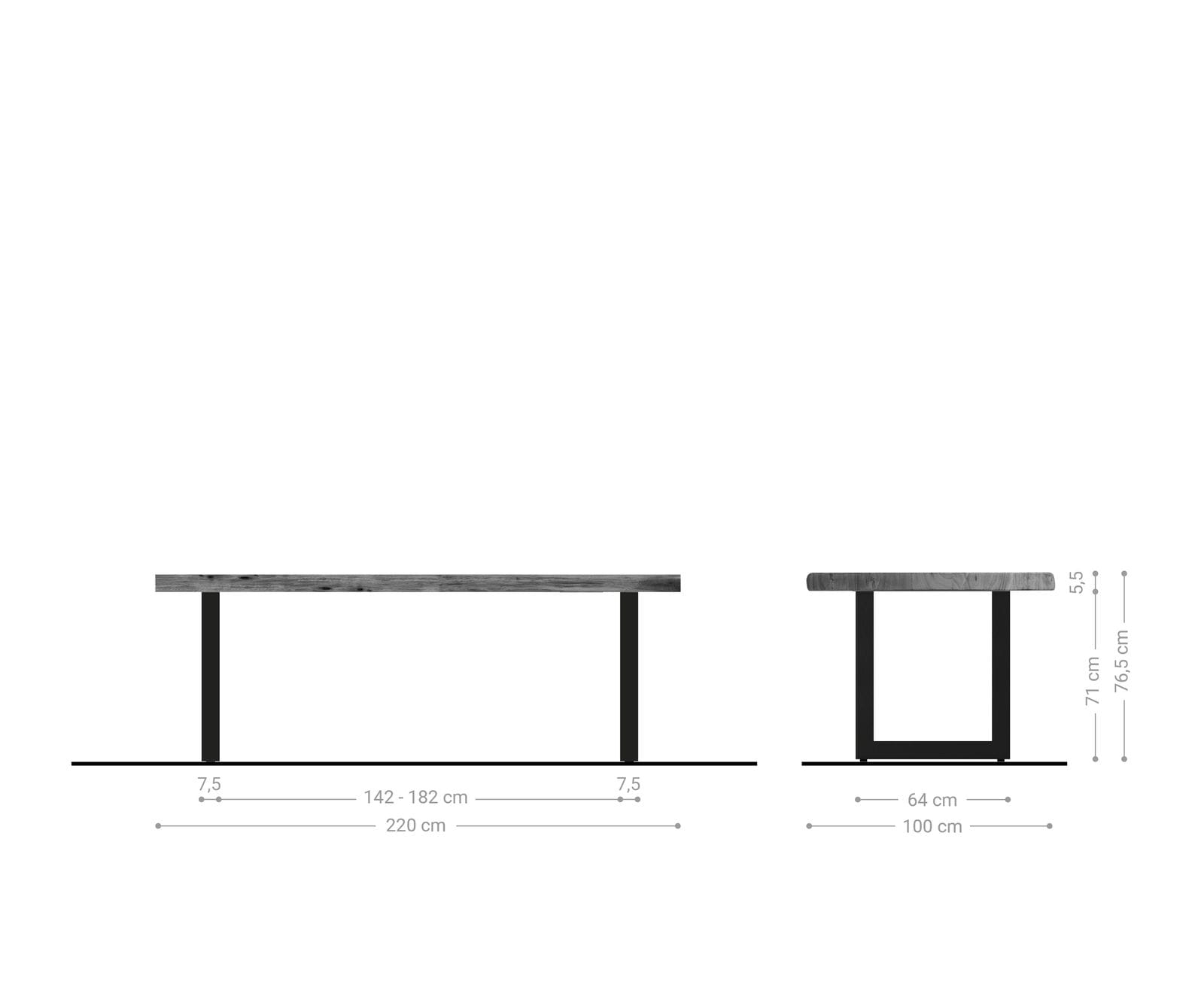 Table-à-manger Edge 220x100cm XL acacia platine acier inoxydable large Live-Edge 8