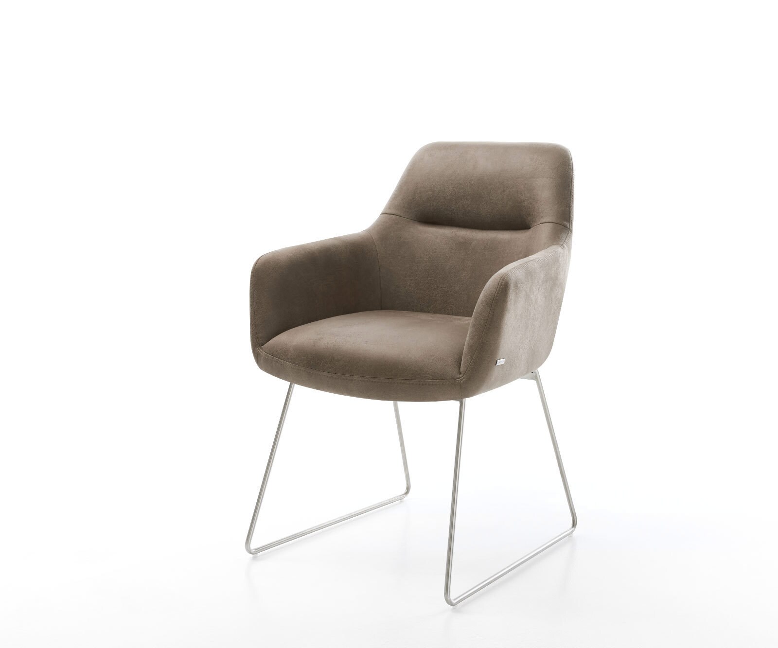 Chaise-de-salle-à-manger Pejo-Flex microvelours taupe vintage pied trapèze acier inoxydable brossé ressorts ensachés