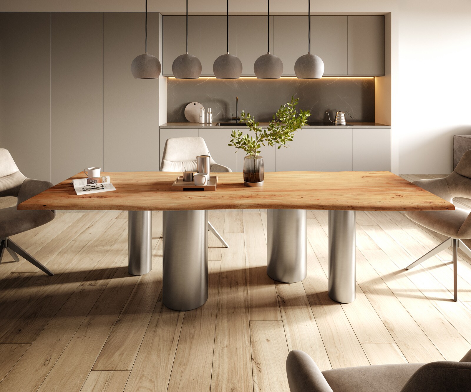 Esstisch Edge 260x100 Akazie Natur Pilier Edelstahl gebürstet Live-Edge 2