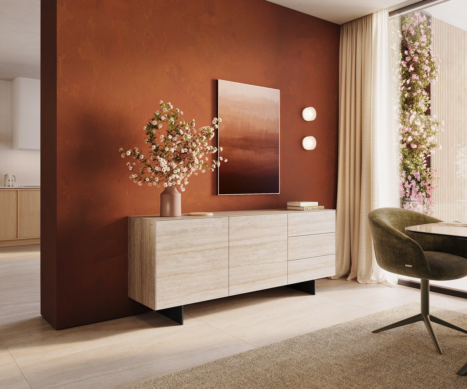 Sideboard Cuor 180 cm Keramik Laminam® Travertino Bianco Creme-Weiß 2 Türen 3 Schubfächer Fuß Schwebeoptik Metall Schwarz 1
