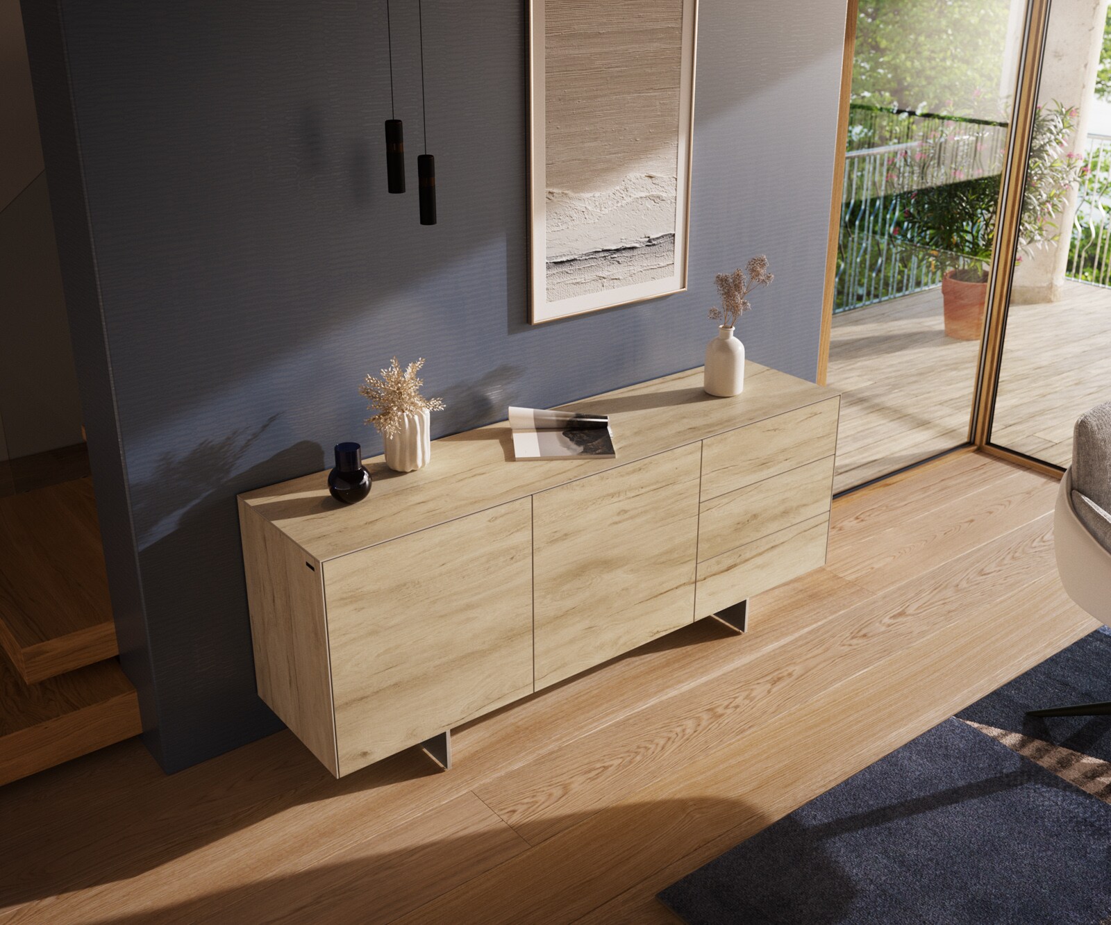 Buffet Cuor 180 cm Céramique Laminam® Sabbia Teinte chêne 2 Portes 3 Tiroirs Pied optique flottant Ancier inoxydable 4