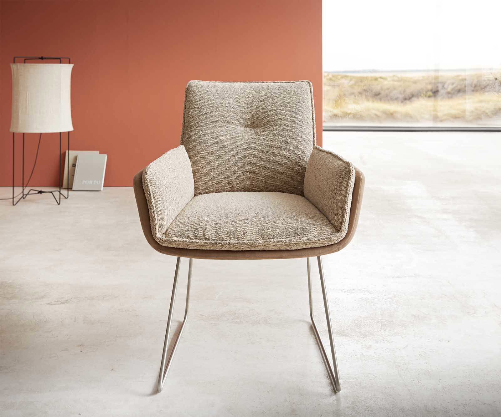 Chaise-de-salle-à-manger Nela-Flex tissu mixte couleur boue pied trapèze acier inoxydable brossé 1