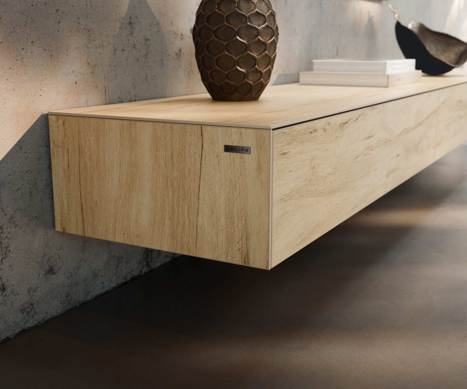 Meuble-TV Cuor 250 cm Céramique Laminam® Sabbia Teinte chêne 1 Clapet 1 Tiroir Pied optique flottant Métal Noir 6