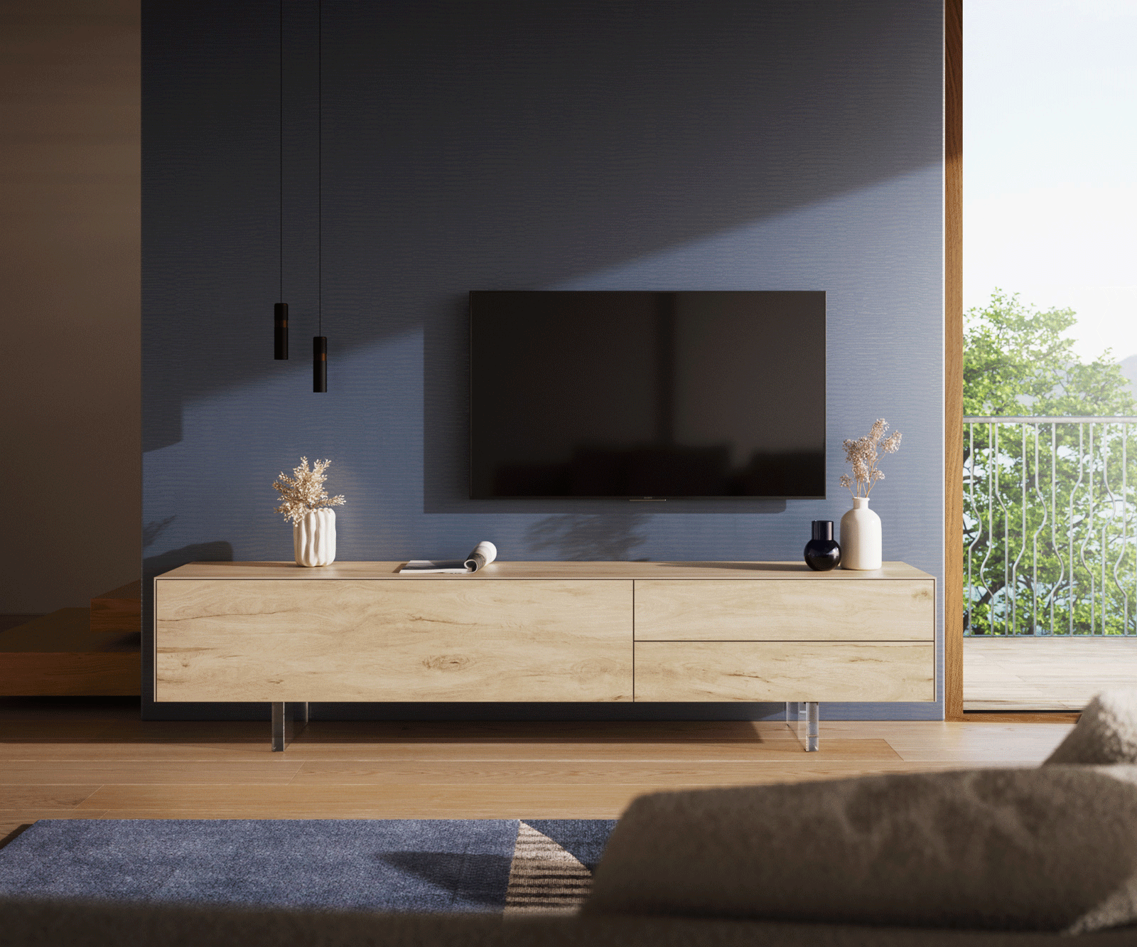 Lowboard Cuor 220 cm Keramik Laminam® Sabbia Eichefarbig 1 Klappe 2 Schubfächer Fuß Schwebeoptik Acrylglas 1