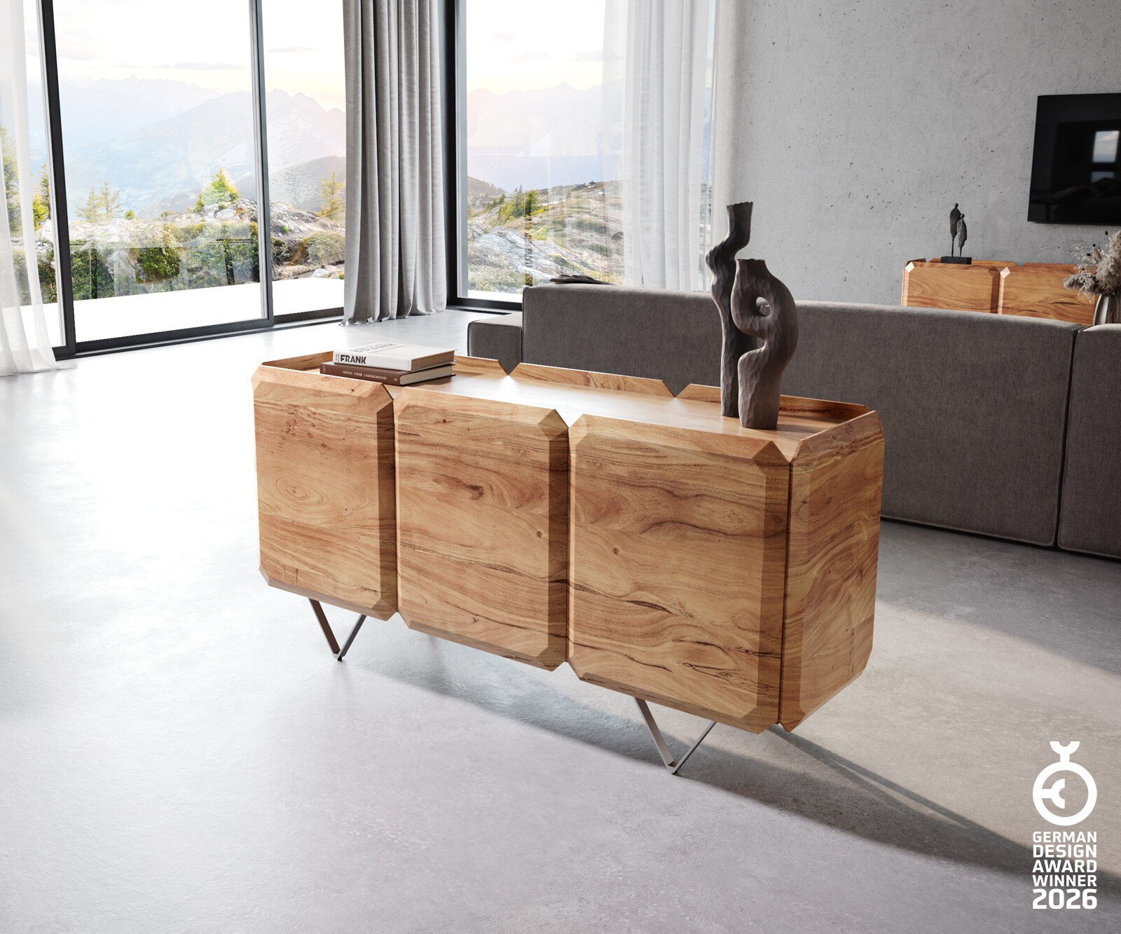 Sideboard Kiano 145 cm Akazie Natur 3 Türen V-Fuß Edelstahl Raumteiler