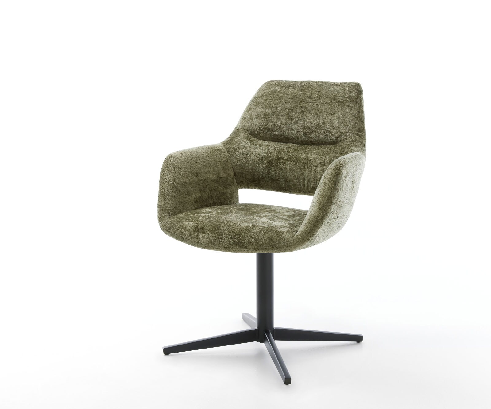 Drehstuhl Yago-Flex mit Armlehnen Chenille Olive Fußkreuz Schwarz 360° drehbar