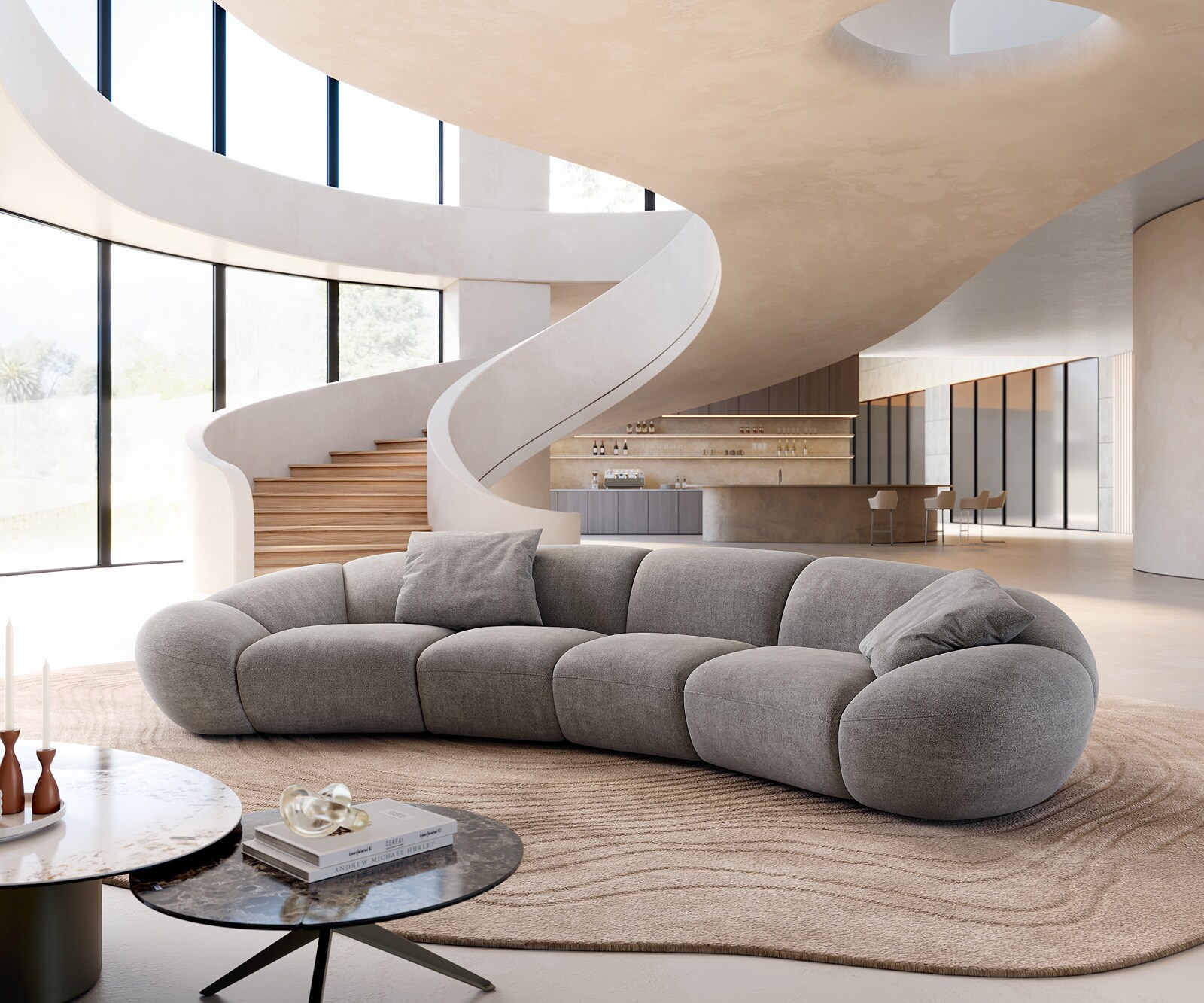 Bigsofa Lunna 360x175 cm Tissu structuré Soft Gris 2 coussins 1