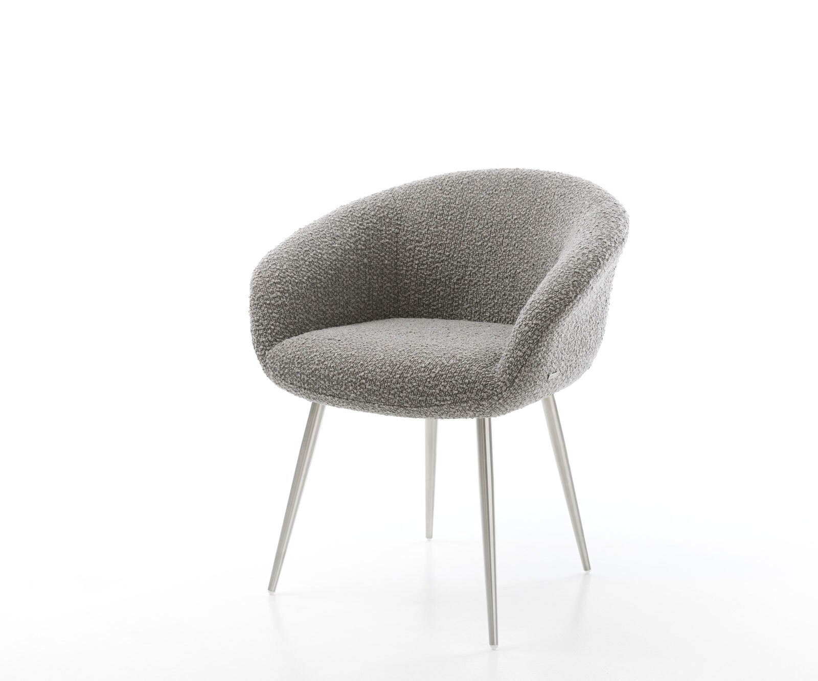 Chaise-de-salle-à-manger Vinka-Flex avec accoudoirs bouclé gris argenté 4 pieds coniques acier inoxydable brossé ressorts ensachés