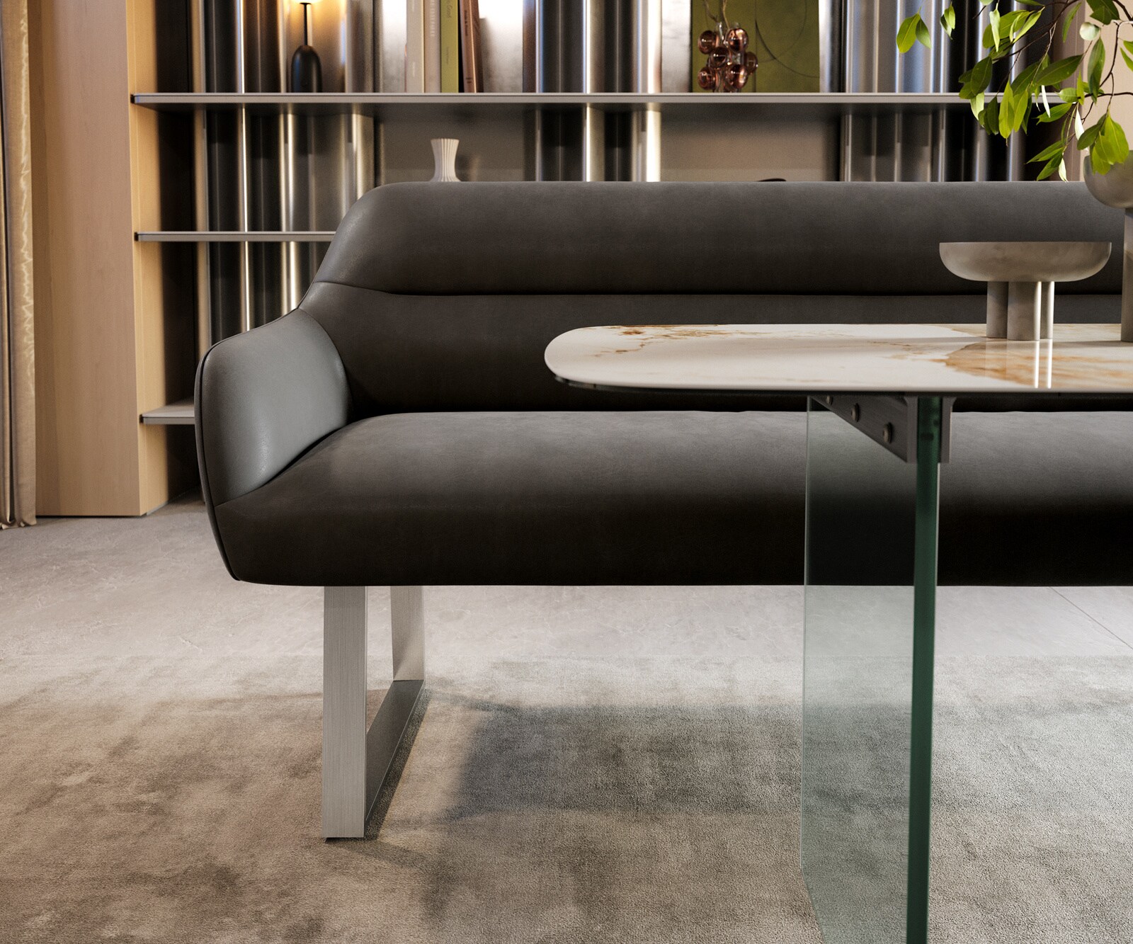Banc-de-salle-à-manger Taya-Flex 200 cm microfibre antracite vintage piètement à patins angulaire acier inoxydable ressort ensaché 1