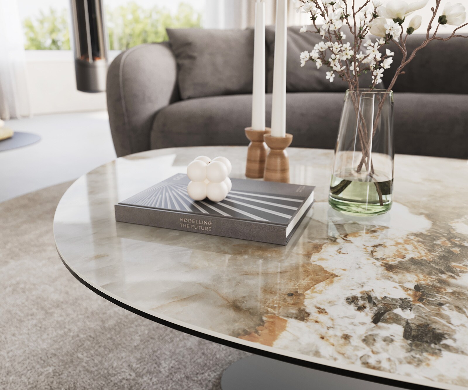 Table basse Edge Oval 140x75 cm céramique Minas Melange Vibany Metall finition effet titane 5