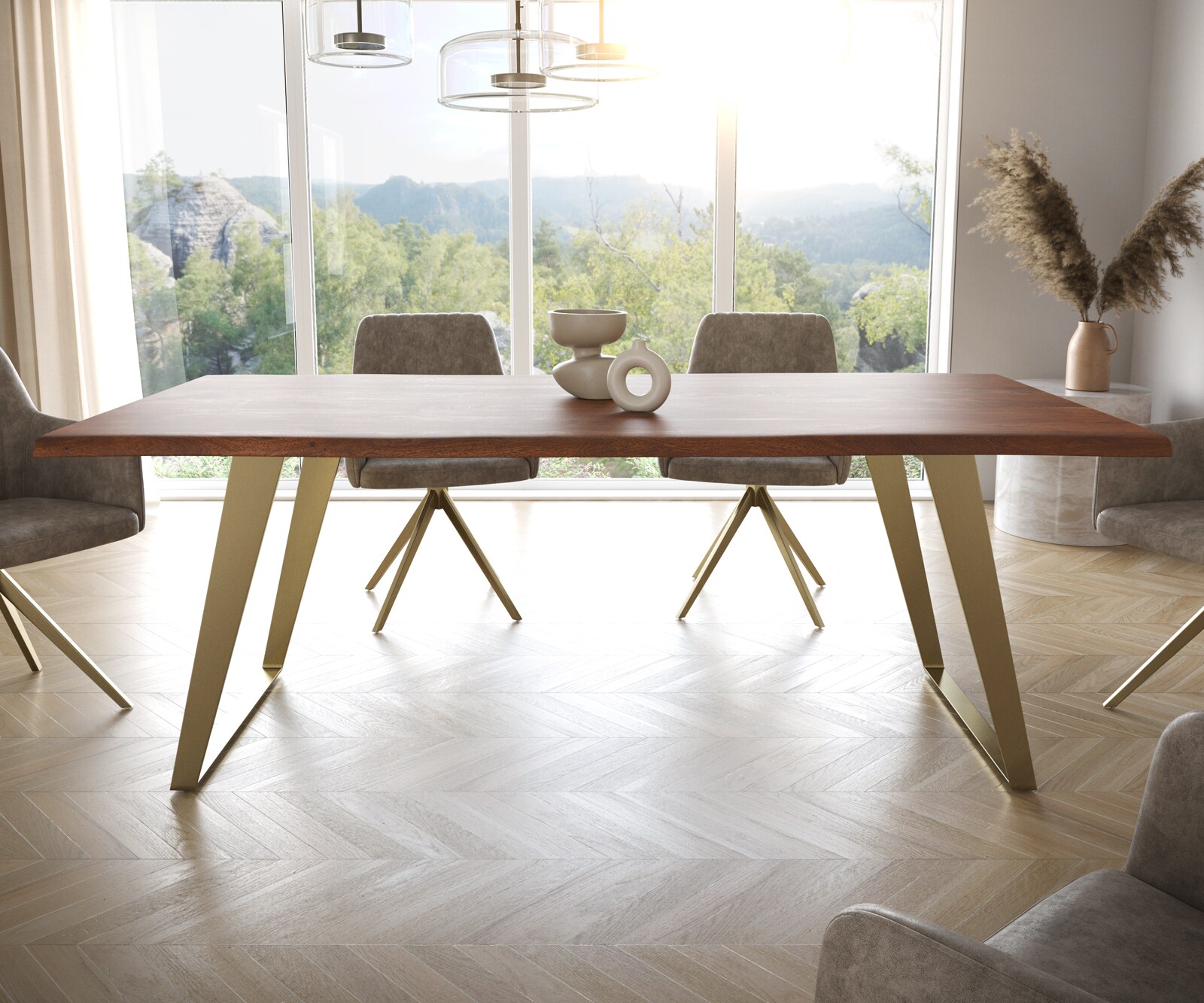 Table à manger Edge 200x100 acacia marron acier inoxydable Gold inclinée Live-Edge 2