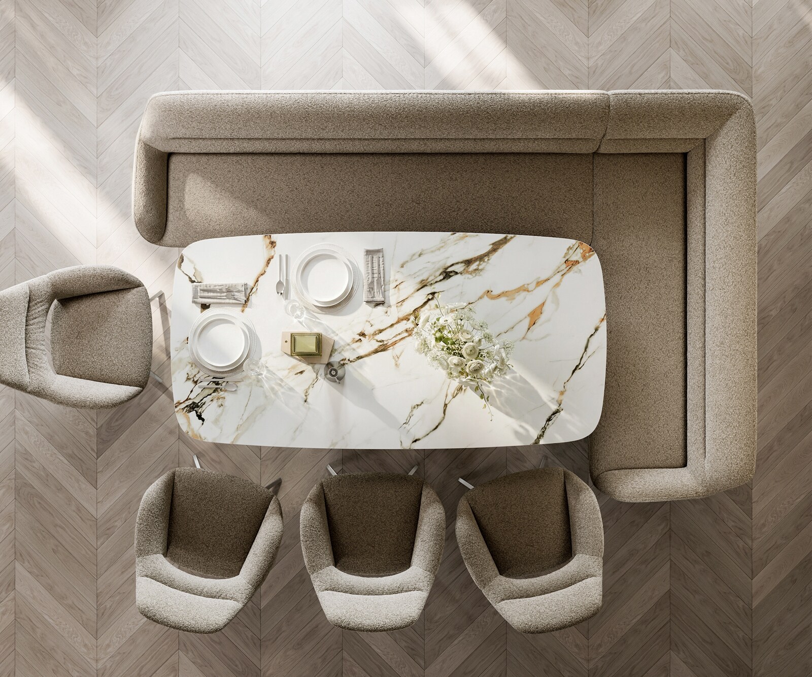 Banc-de-salle-à-manger Taya-Flex 285x190 cm bouclé boue piètement à patins angulaire acier inoxydable ressort ensaché liens 6