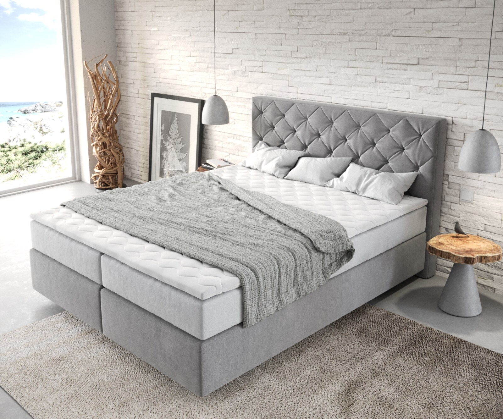Boxspringbett Dream-Great 160x200 cm Mikrofaser Grau mit TFK Matratze und Visco Topper 3