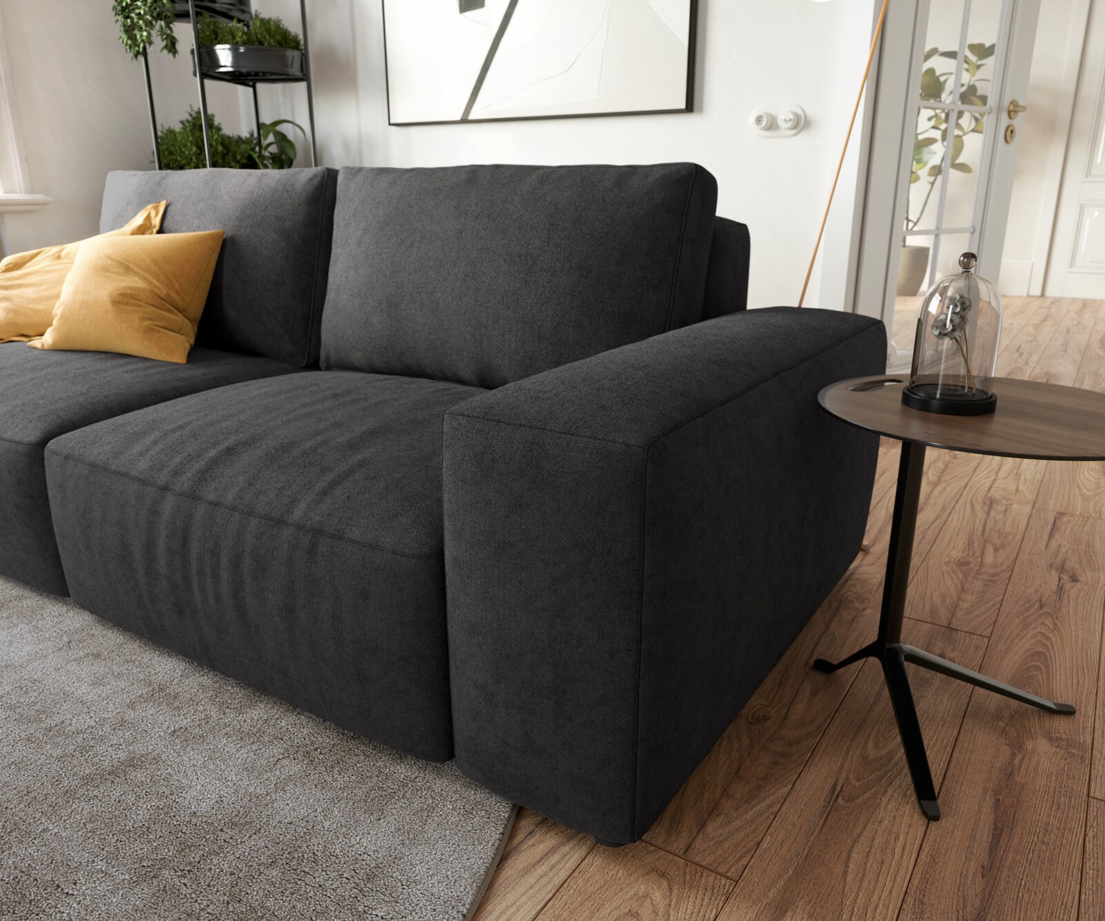 Big canapé Lanzo 230x95 cm microfibre noir avec pouf 5