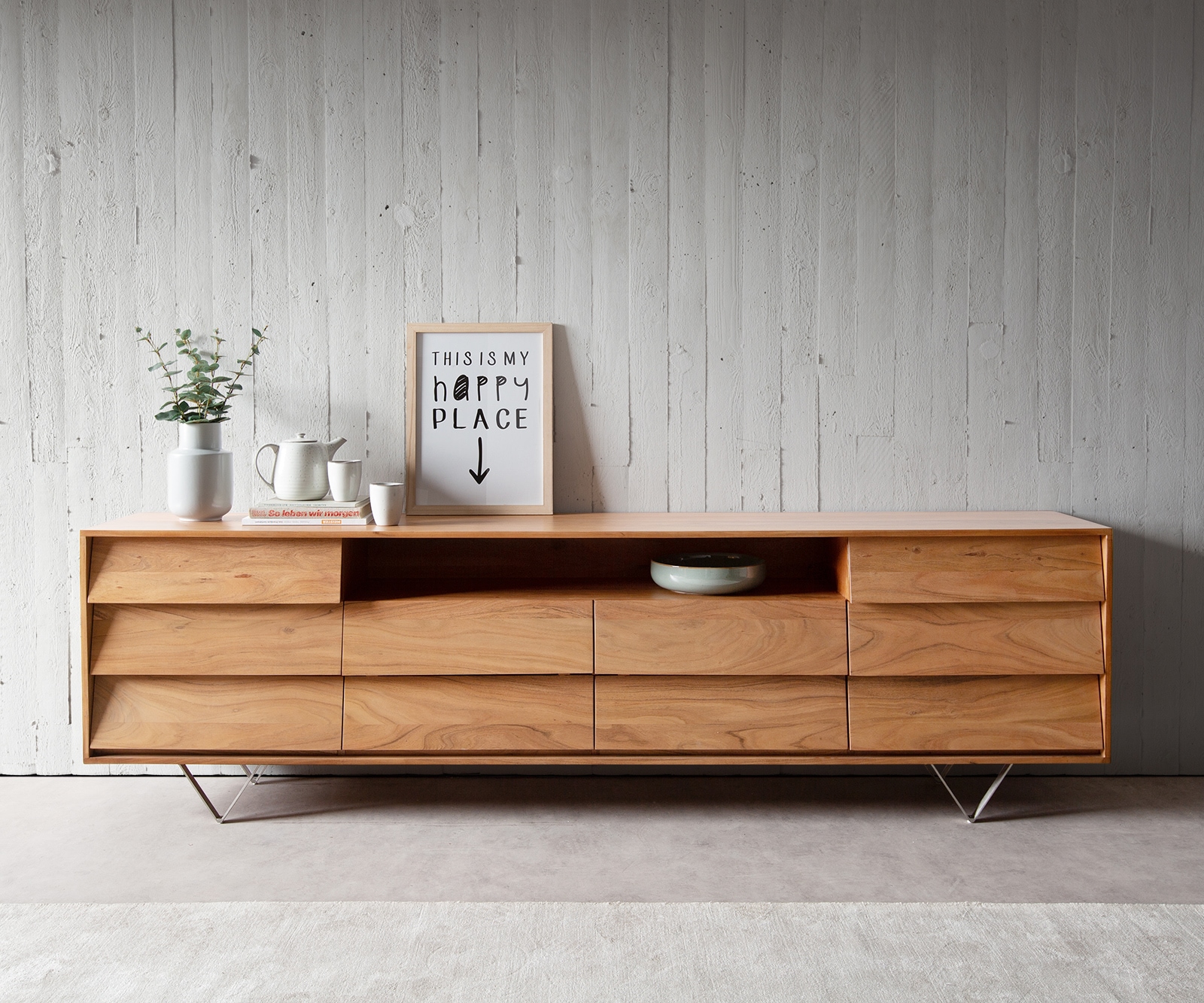 Sideboard Eloi 240x40 cm Akazie Natur 2 Türen 6 Schubladen V-Fuß Edelstahl 1 Sideboard Eloi 240x40 cm Akazie Natur 2 Türen 6 Schubladen V-Fuß Edelstahl 1