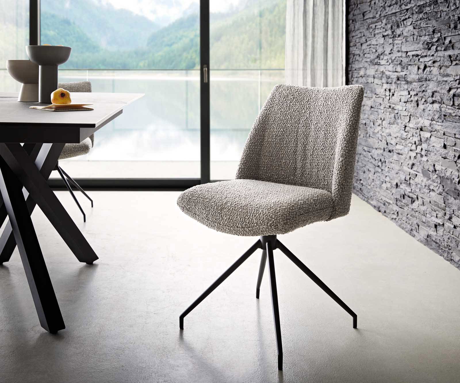 Drehstuhl Elso-Flex Bouclé Silbergrau Kreuzgestell konisch Schwarz 180° drehbar Taschenfederkern