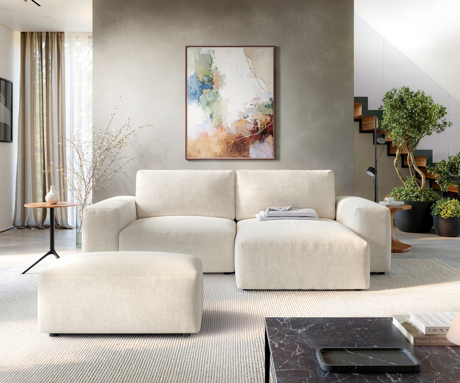 Ecksofa Lanzo 230x155 cm Strukturstoff Soft Beige Recamiere variabel mit Hocker 2