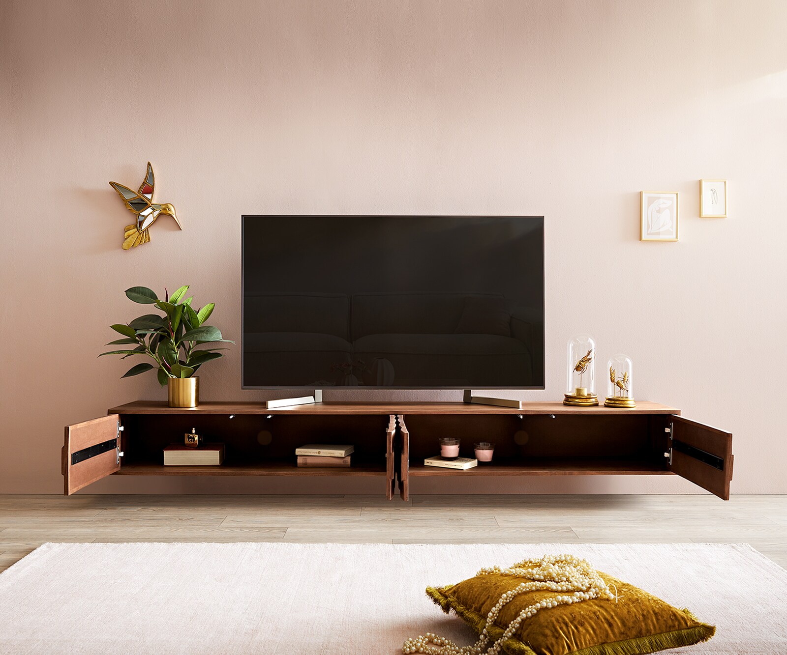 Meuble-TV Fevo 220 cm acacia brun 4 portes flottantes 3