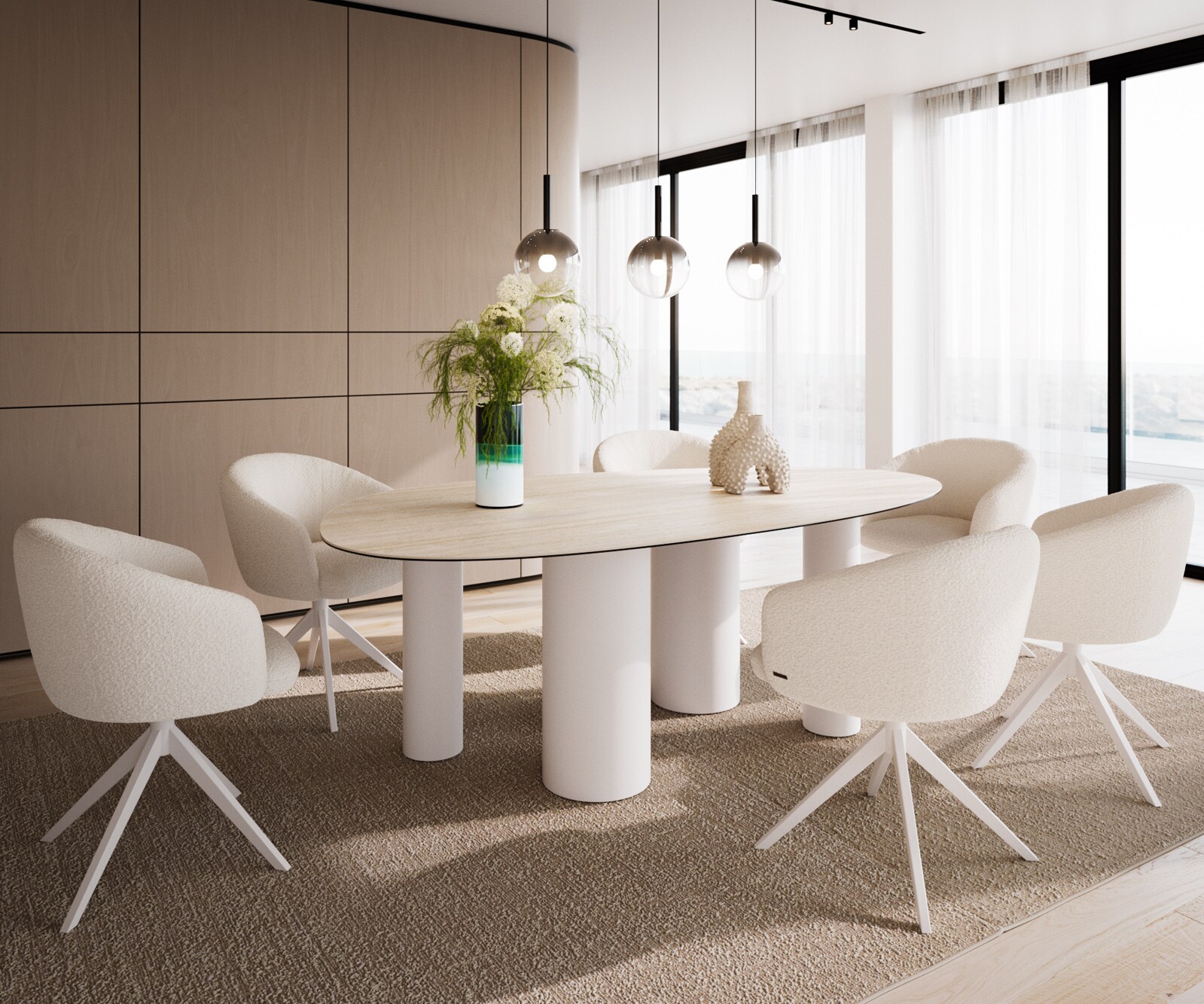 Table à manger Edge Ovale 220x120 Céramique Laminam®Travertino Bianco Crème-Blanc ​Pilier Métal Blanc 5