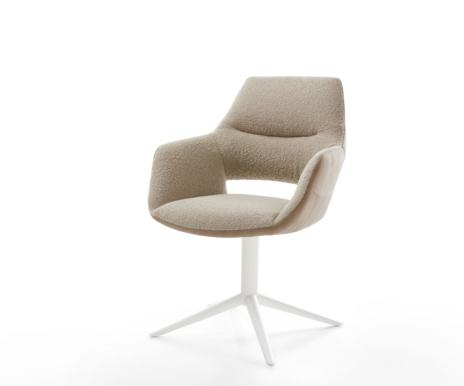 Chaise-pivotante Yago-Flex avec accoudoirs tissu mixte couleur boue pied de chaise 4 branches blanc pivotement sur 360° fonction bascule ressorts ensachés