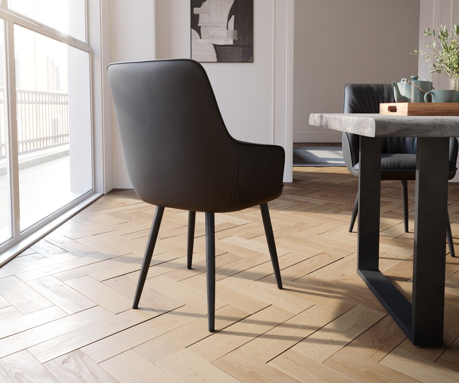 Chaise-de-salle-à-manger Zelia-Flex avec accoudoirs cuir de vache noir 4 pieds coniques noir ressorts ensachés 4