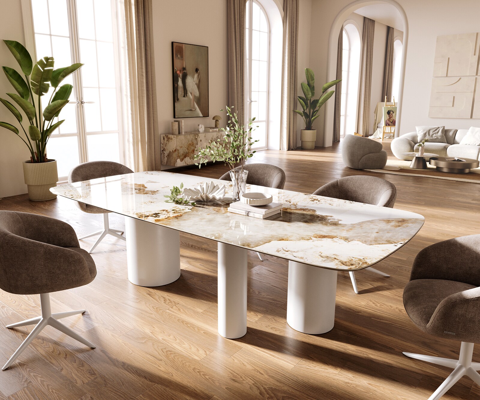 Esstisch Edge Boot 260x120 cm Keramik Minas Melange Weiß-Beige Troa Metall Weiß