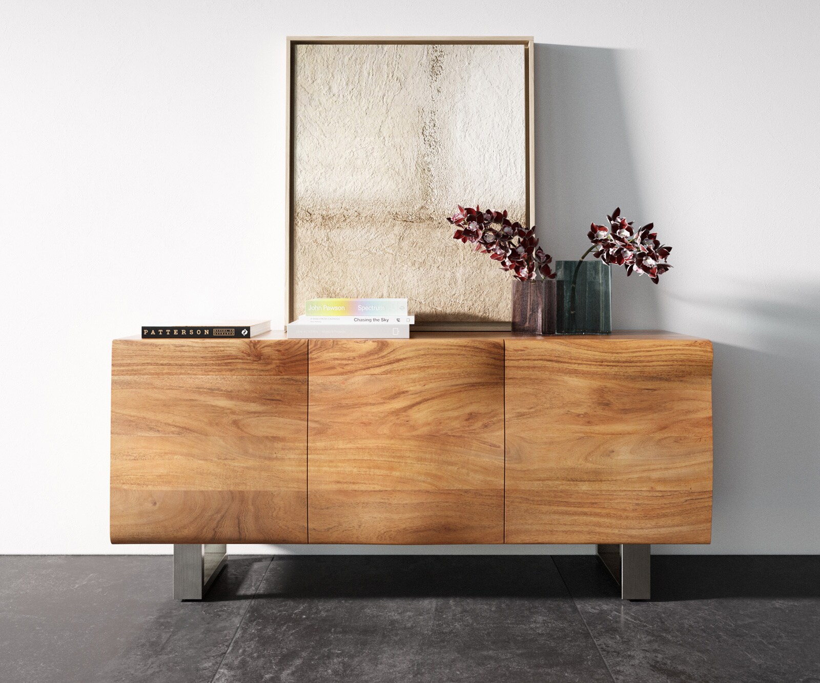 Sideboard New Live-Edge 145 cm Akazie Natur 3 Türen Kufe Edelstahl gebürstet 3