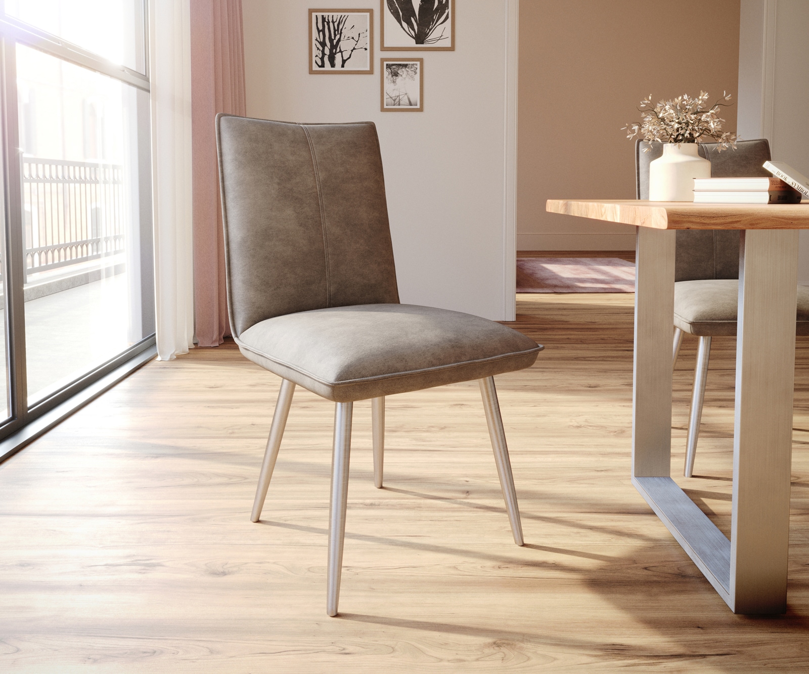 Esszimmerstuhl Lelio-Flex Mikrofaser Taupe Vintage 4-Fuß konisch Edelstahl Taschenfederkern 1