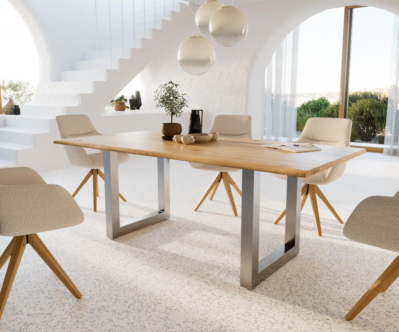 Esstisch Edge 200x100x2,5-3 Eiche Natur Edelstahl breit Live-Edge Esstisch Edge 200x100x2,5-3 Eiche Natur Edelstahl breit Live-Edge