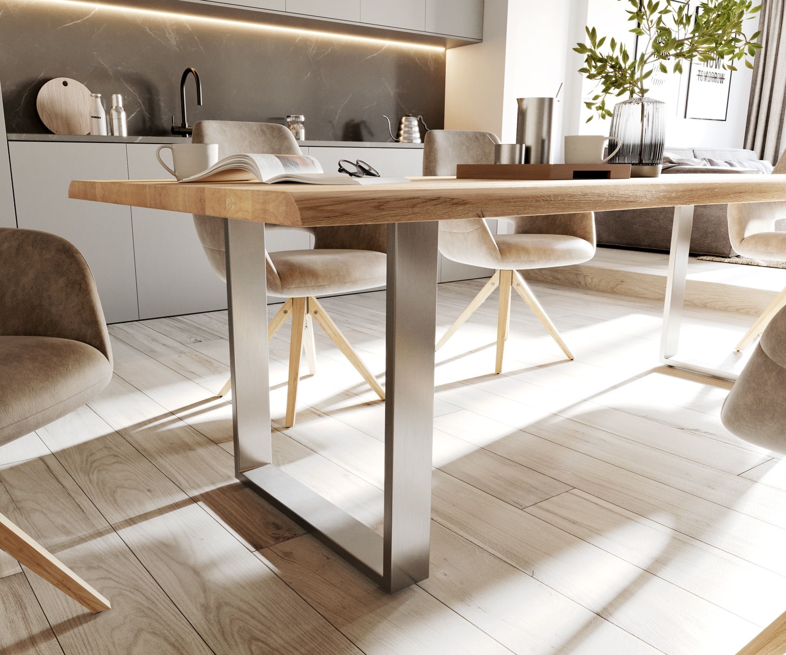 Esstisch Edge 260x100x2,5-3 Eiche Natur Edelstahl schmal Live-Edge 4 Esstisch Edge 260x100x2,5-3 Eiche Natur Edelstahl schmal Live-Edge 4