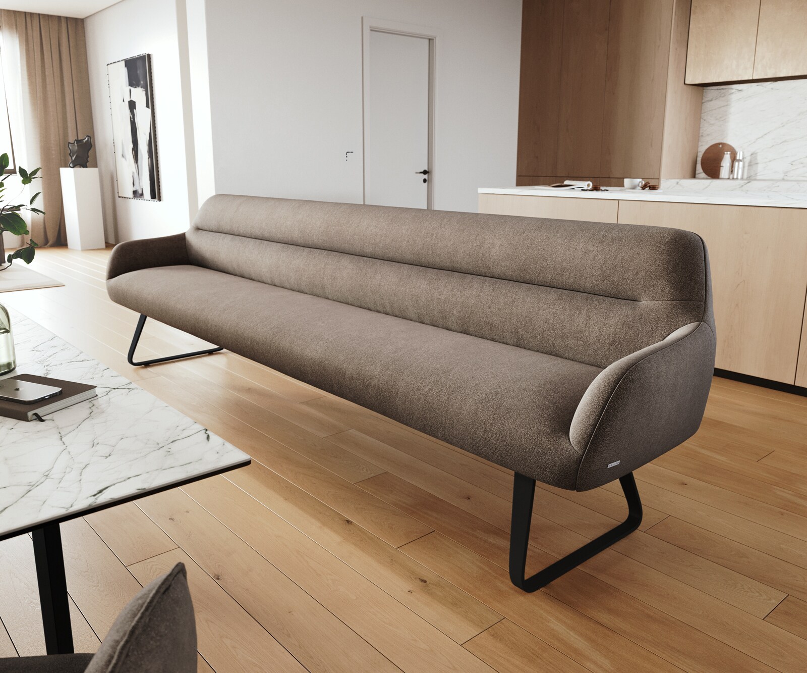 Banc-de-salle-à-manger Taya-Flex 300 cm tissu structuré doux taupe châssis à patins plat noir ressort ensaché 1