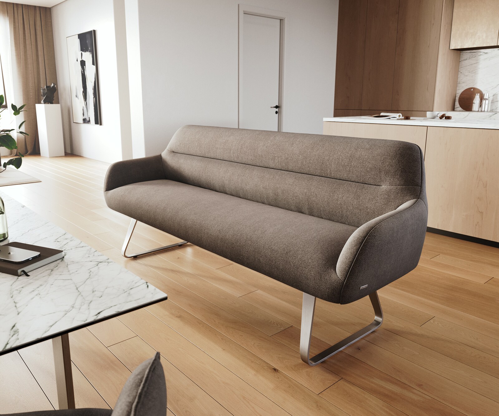 Esszimmerbank Taya-Flex 200 cm Strukturstoff Soft Taupe Kufengestell flach Edelstahl Taschenfederkern