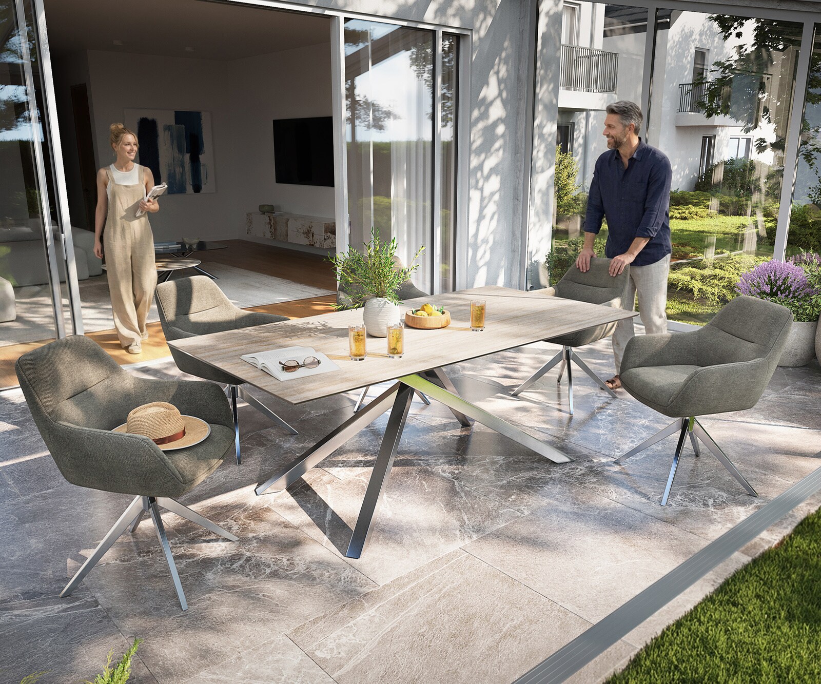 Table d’extérieur Edge 200x100 cm céramique Laminam® Travertino Bianco blanc crème piètement croisé rectangulaire en acier inoxydable 1