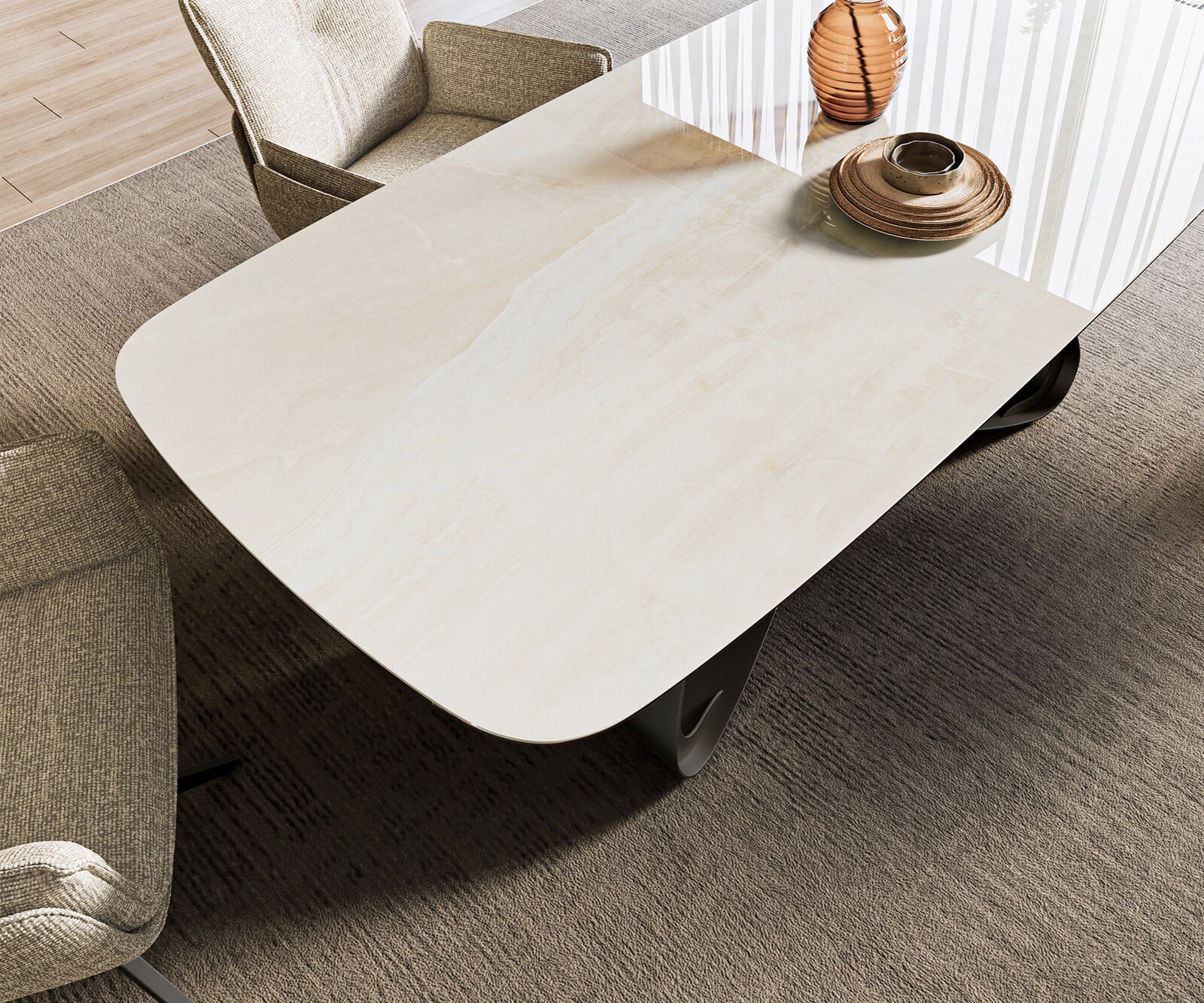 Esstisch Edge Boot 200x100 cm Keramik Onyx Champagne W-Gestell Metall Schwarz 3