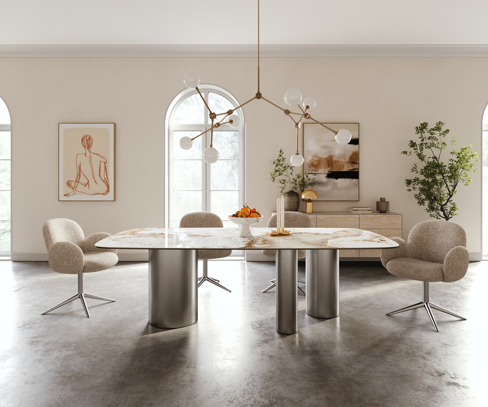 Table à manger Edge Boot 240x120 cm Céramique Minas Melange Blanc-Beige Troa Acier inoxydable gebürstet 1